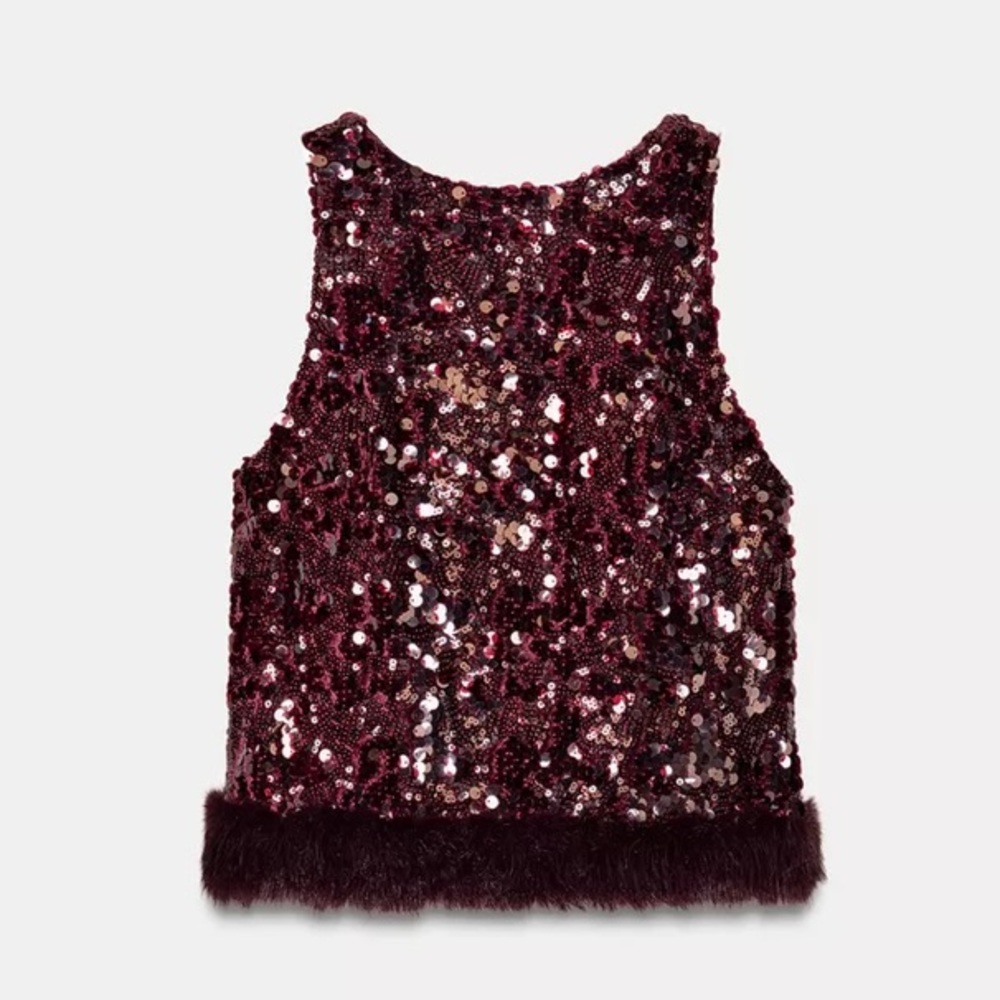 Zara SEQUIN TOP WITH FAUX FUR HEM